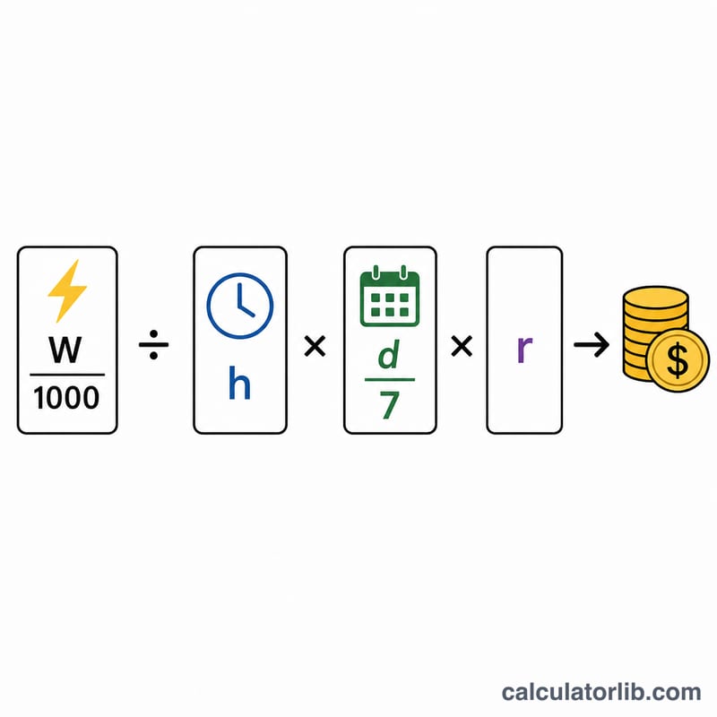 Diagram of appliance energy cost formula components: watts, hours, days, rate