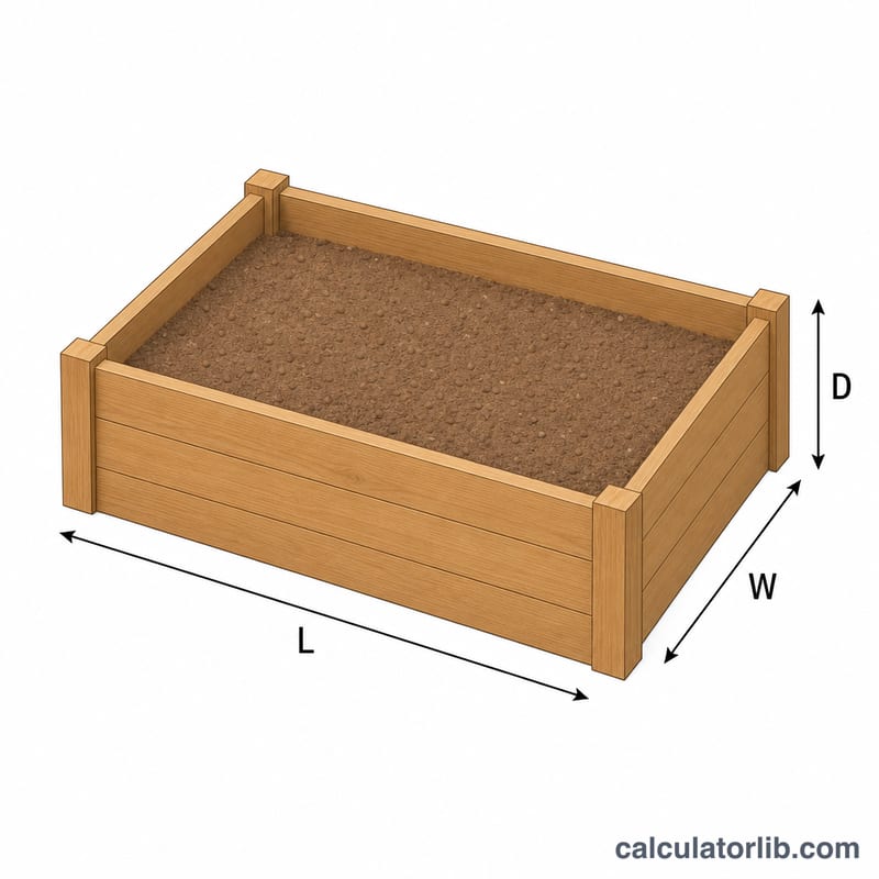 Rectangular raised garden bed with length L, width W and depth D labeled