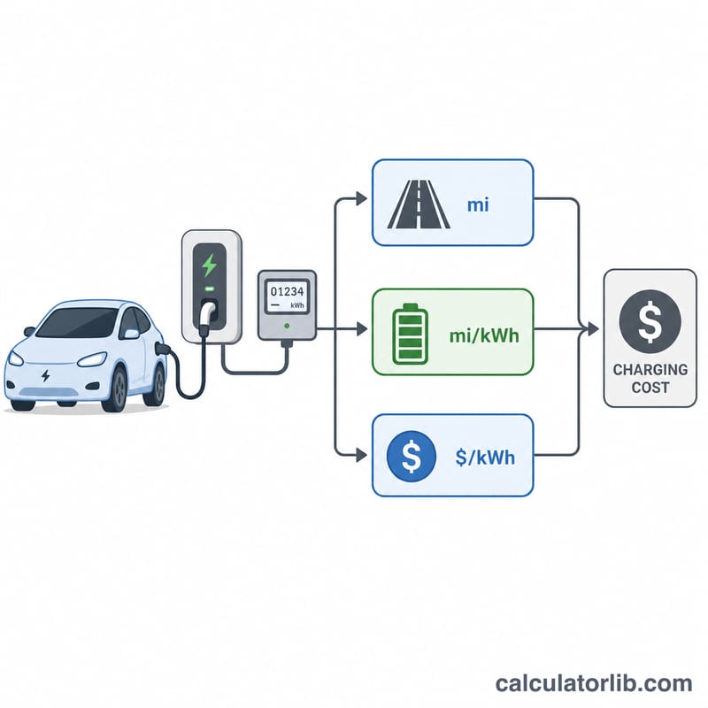 Diagram showing annual miles, efficiency and electricity rate combining into an annual charging cost
