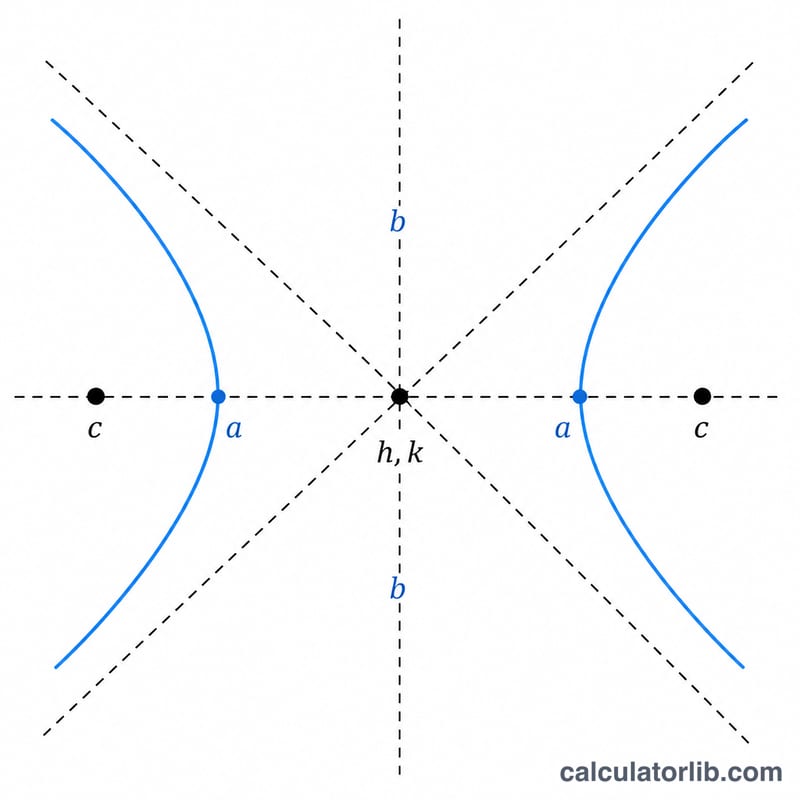 Diagram of a horizontal hyperbola showing center, vertices, foci and asymptotes