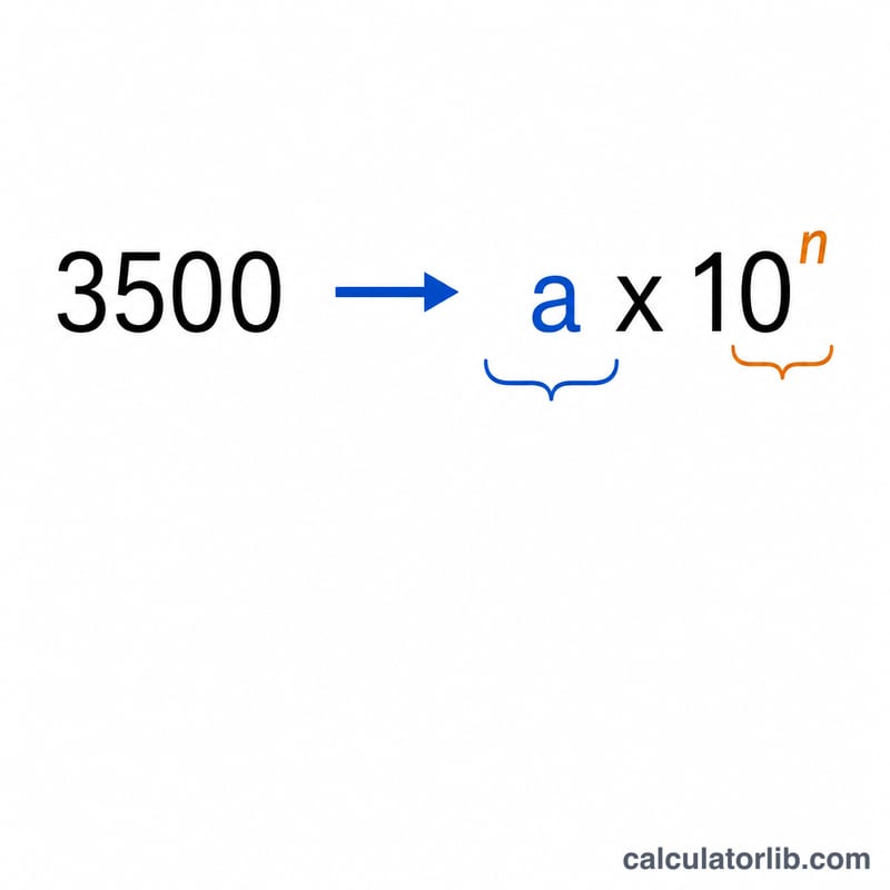 Diagram showing a standard number converted to scientific notation form a times ten to the n