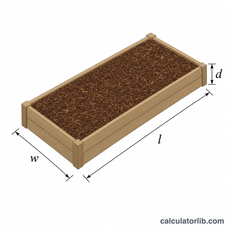 Rectangular garden bed shown in 3D with length, width, and mulch depth labeled