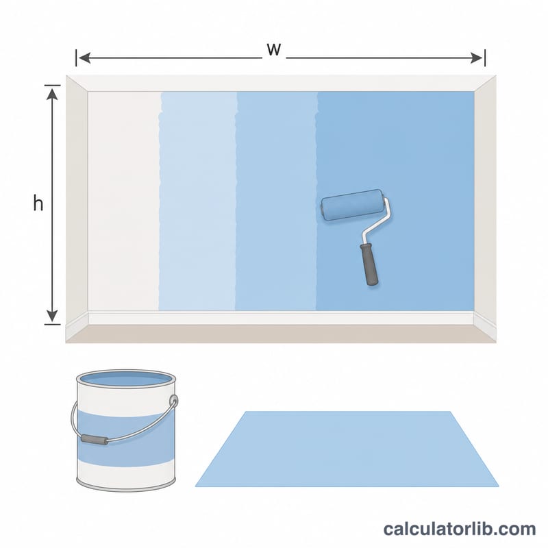 Wall with width and height, paint roller, and a paint can representing coverage