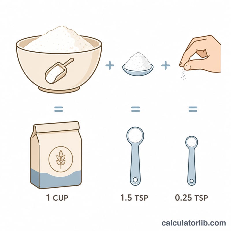 Diagram of one cup flour mixed with baking powder and salt to make self-rising flour