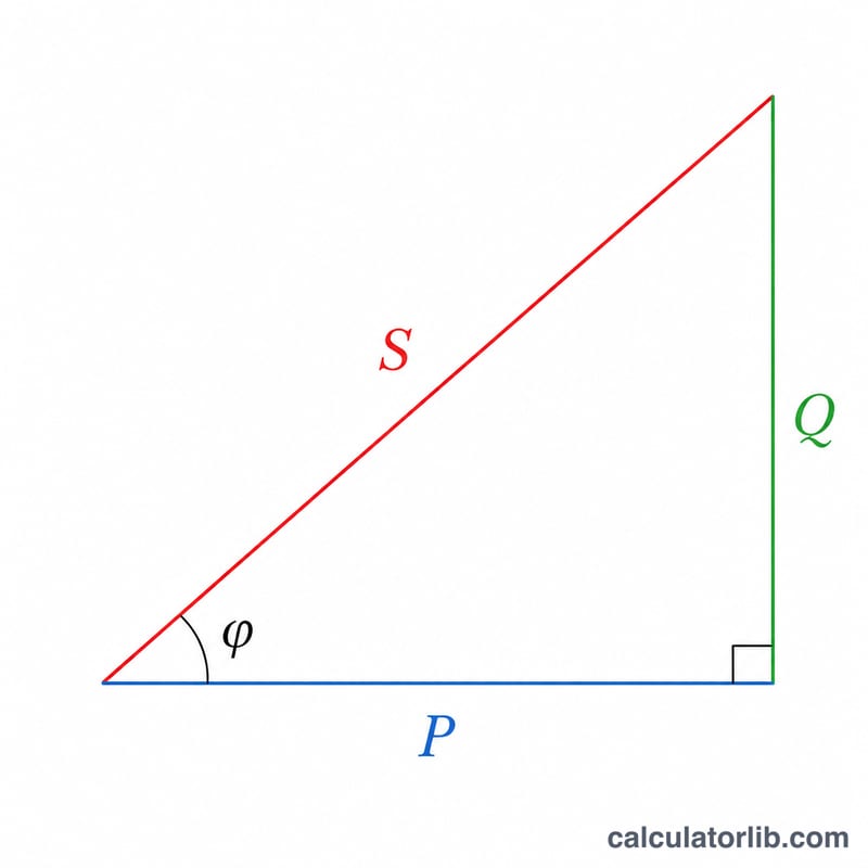 Power triangle showing real, reactive and apparent power with phase angle