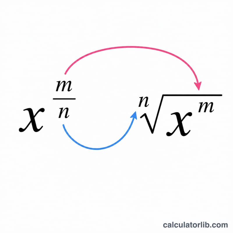 Diagram mapping the parts of x to the power m over n onto the nth root of x to the m