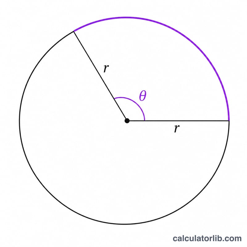 Circle showing a central angle theta with two radii and a highlighted arc