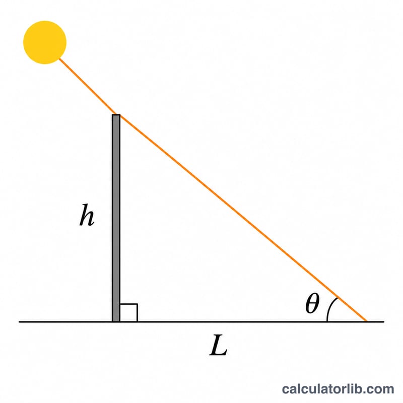 Right triangle showing pole height h, shadow length L, and sun elevation angle theta