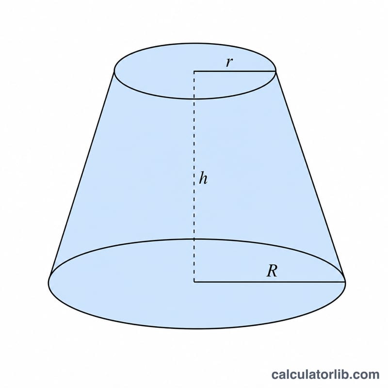 Labeled diagram of a truncated cone showing top radius, bottom radius and height
