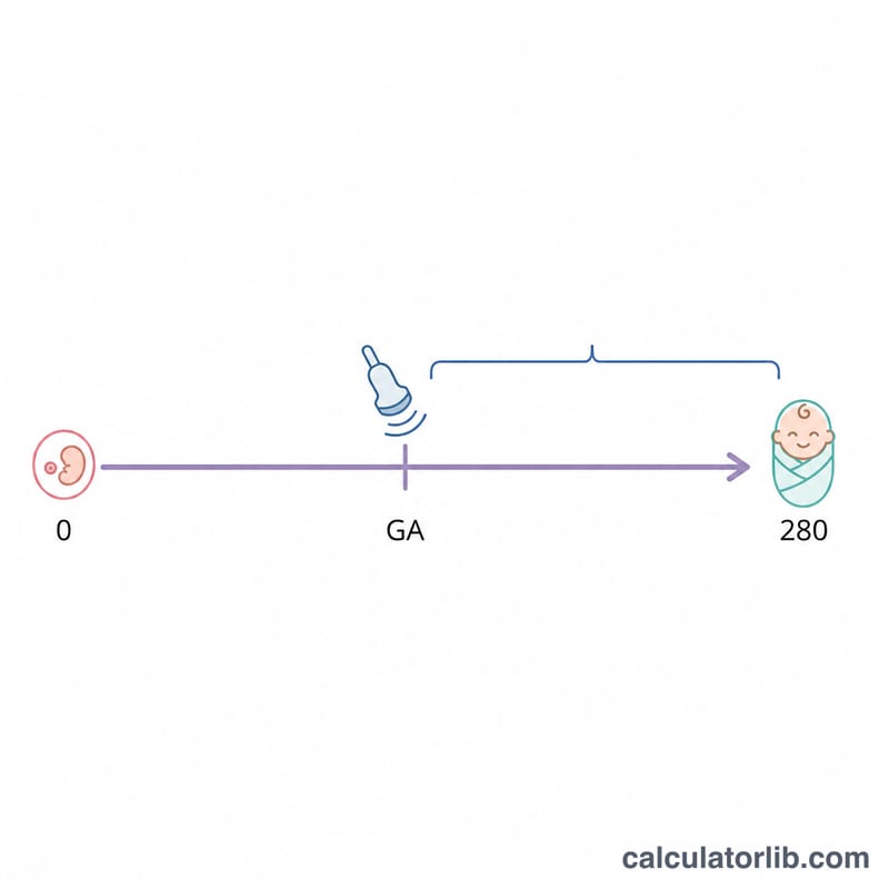 Timeline from conception to 280 days showing the ultrasound scan point and remaining days to due date