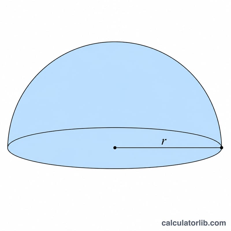 Labeled diagram of a hemisphere showing radius and flat circular base