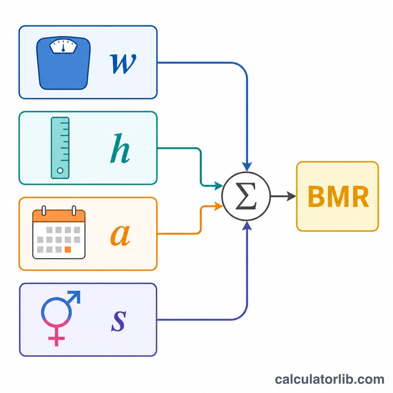 Diagrama de las variables de la fórmula de TMB de Mifflin-St Jeor: peso, altura, edad y sexo combinándose en la TMB