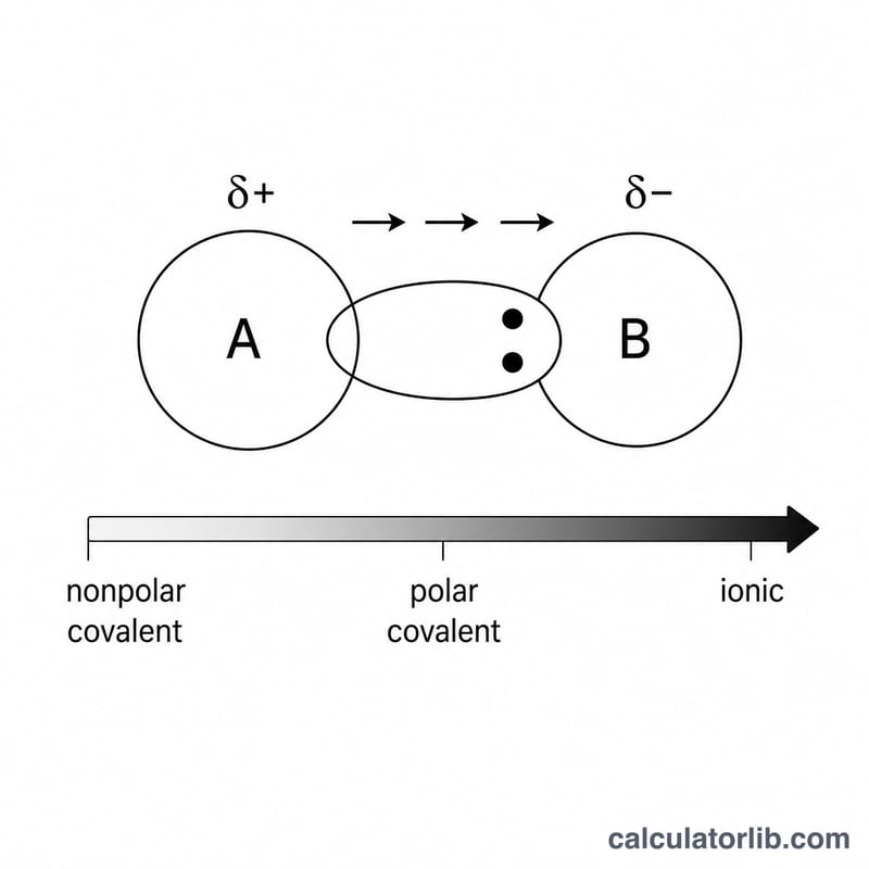 Diagrama de un enlace polar con electrones compartidos desplazados hacia el átomo más electronegativo y una escala de tipos de enlace