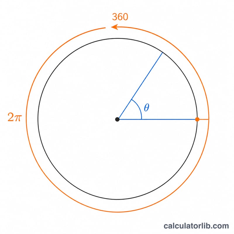 Diagram showing one full revolution equals 360 degrees and 2 pi radians around a circle