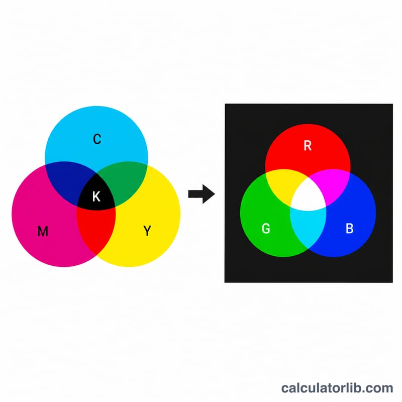两个重叠的颜色模型：减色的 CMYK 印刷油墨与加色的 RGB 光