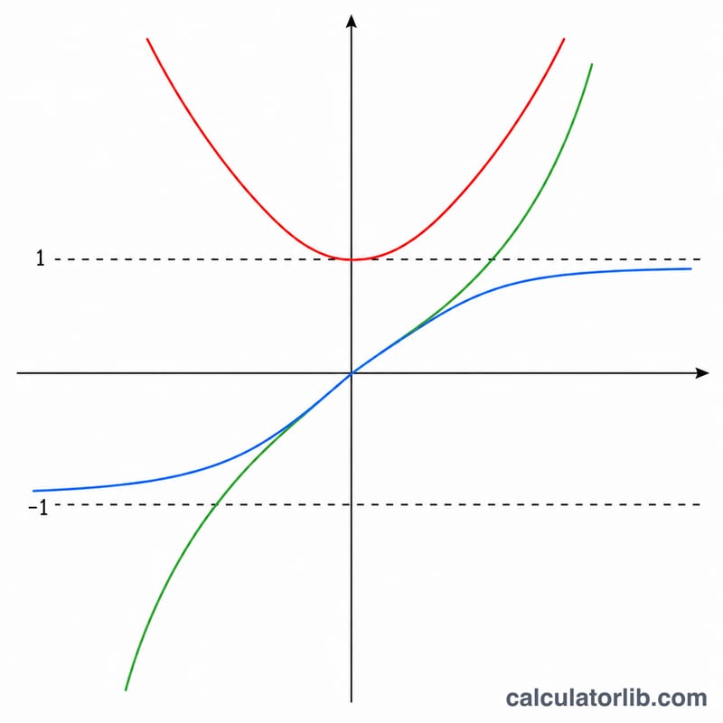 Graphs of sinh, cosh and tanh on a single coordinate plane