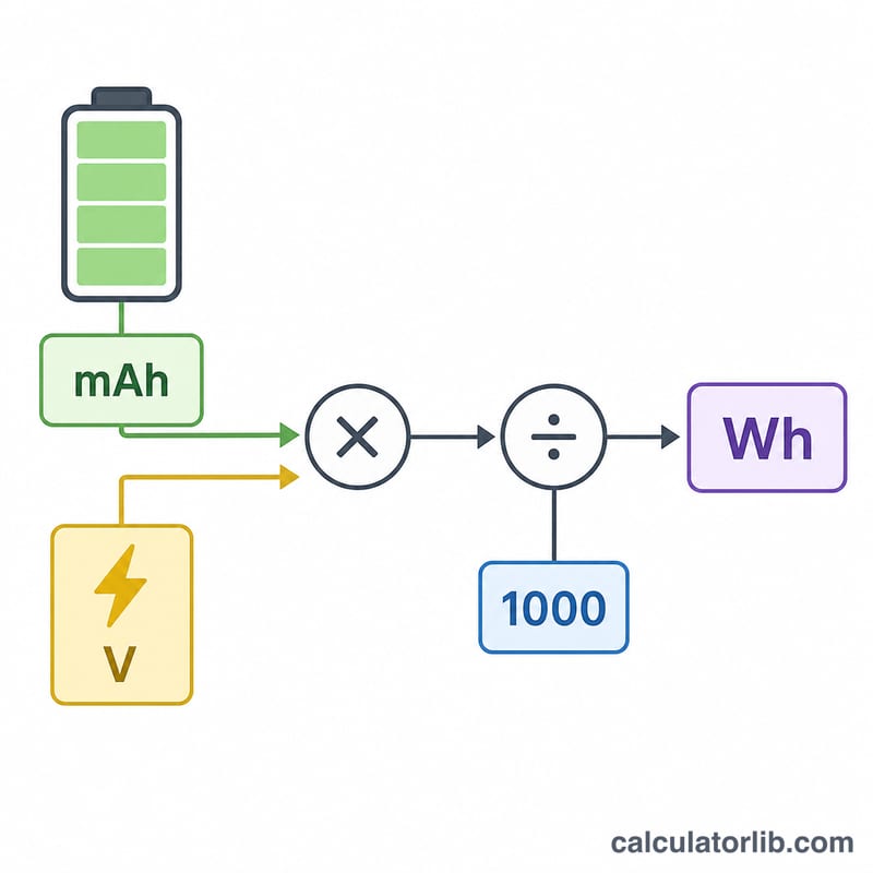 Diagram of mAh times voltage divided by 1000 equals watt-hours