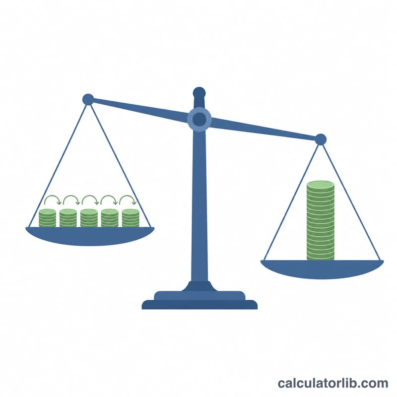 Balance scale comparing a stream of recurring pension coins against a single large lump sum stack
