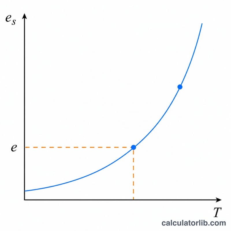 Đường cong áp suất hơi bão hòa tăng theo nhiệt độ, có đánh dấu áp suất hơi thực tế và điểm sương