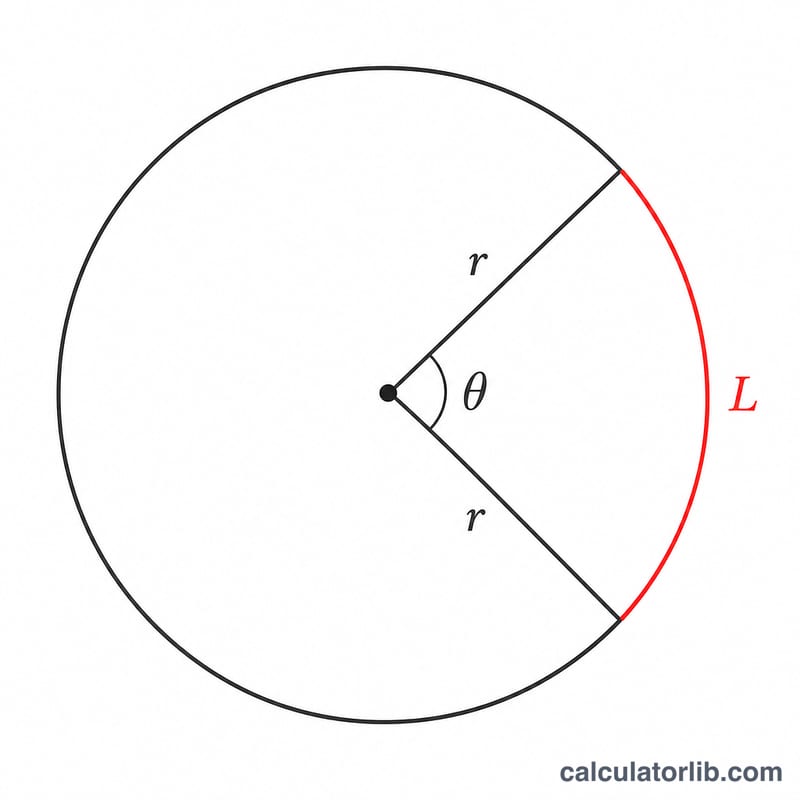 Cercle de rayon r, angle au centre thêta et longueur d'arc L mise en évidence