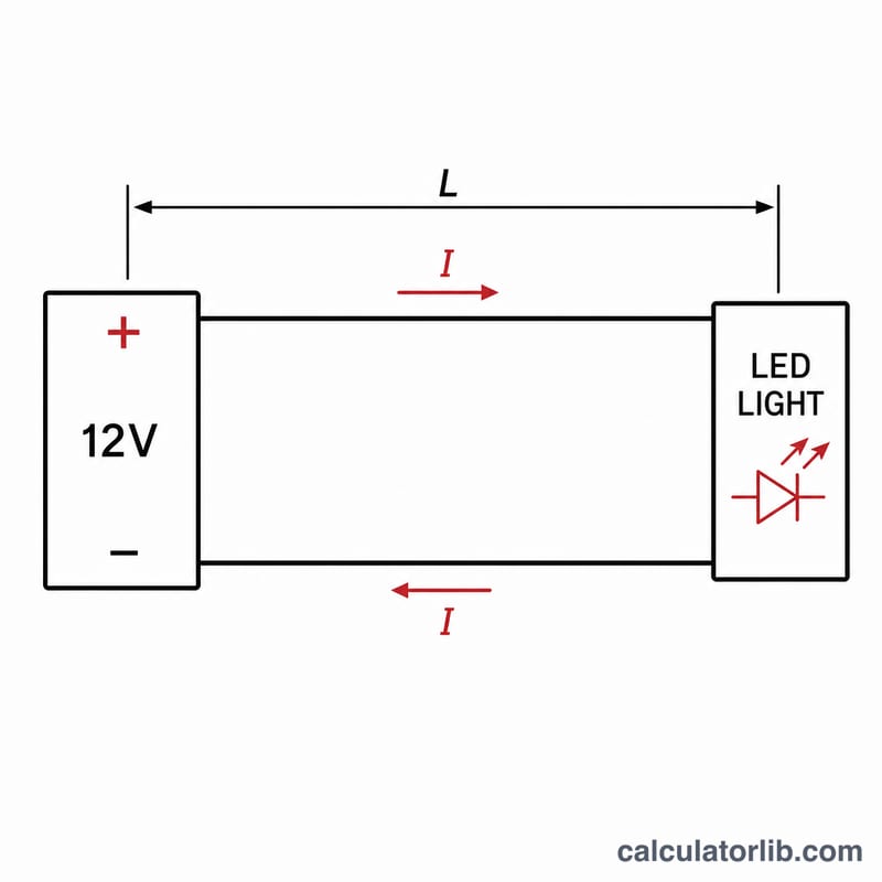 Diagram of a low-voltage DC circuit showing source, two parallel wires of length L carrying current I to a load, with the current path traveling out and back