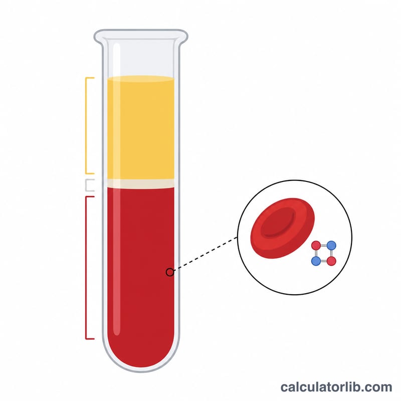 Test tube showing packed red cell layer (hematocrit) versus plasma, with a red blood cell and hemoglobin icon