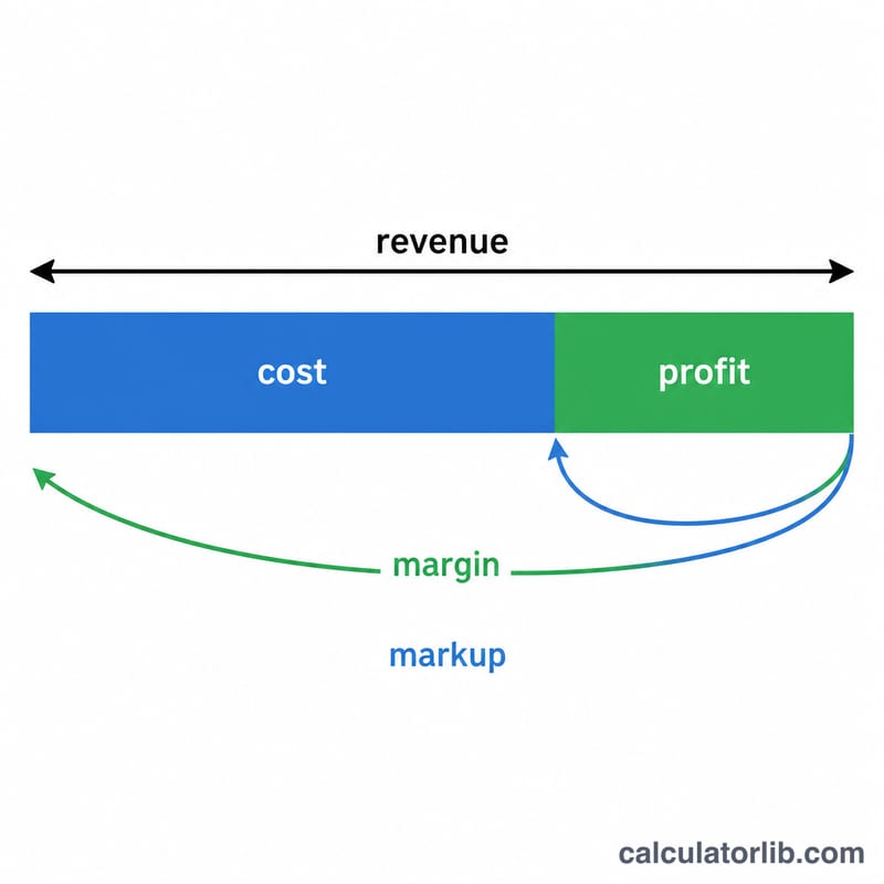 Diagram showing cost plus profit equals revenue, with margin and markup percentages