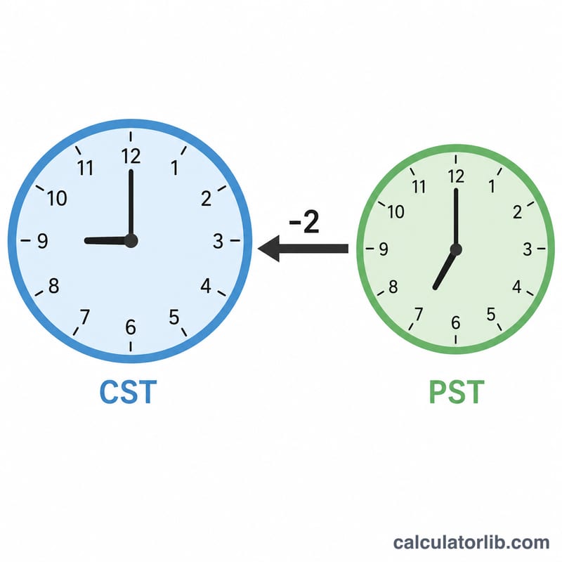 Two clocks showing CST and PST two hours apart