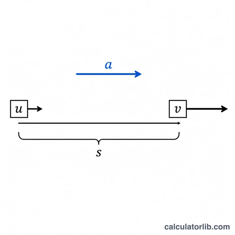 Diagram showing an object accelerating along a straight line with labeled initial velocity, final velocity, acceleration, and displacement
