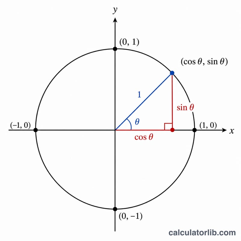 Right triangle inscribed in a unit circle showing sine and cosine as legs