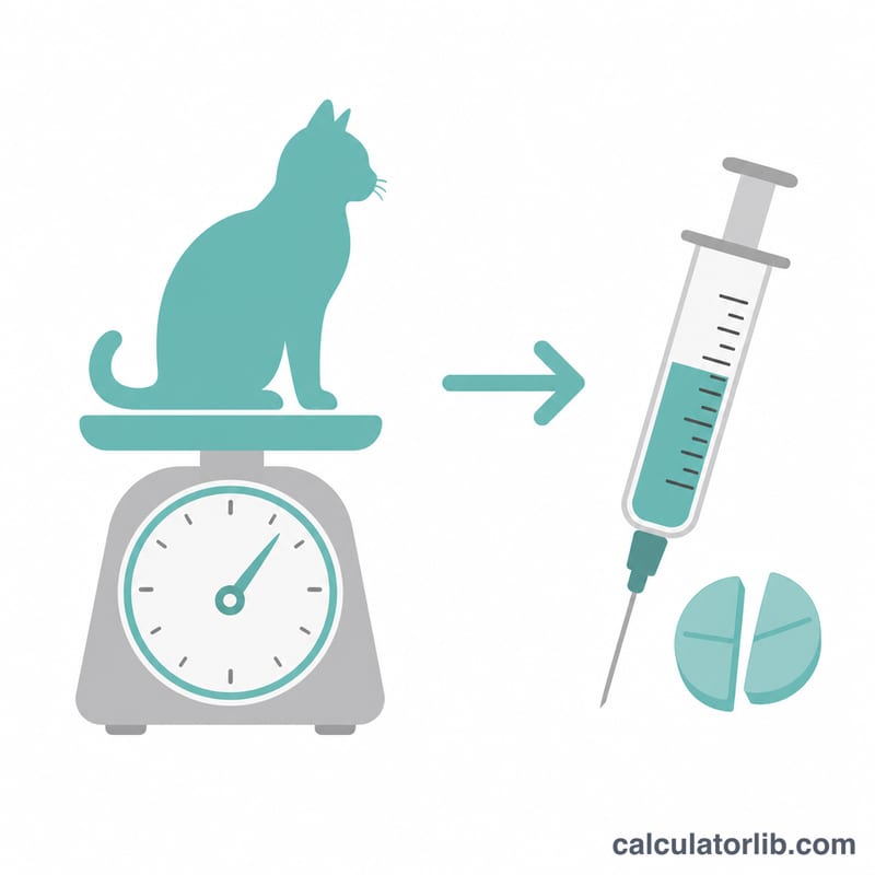 Diagrama plano de un gato en una báscula que lleva a una jeringa dosificadora y un comprimido
