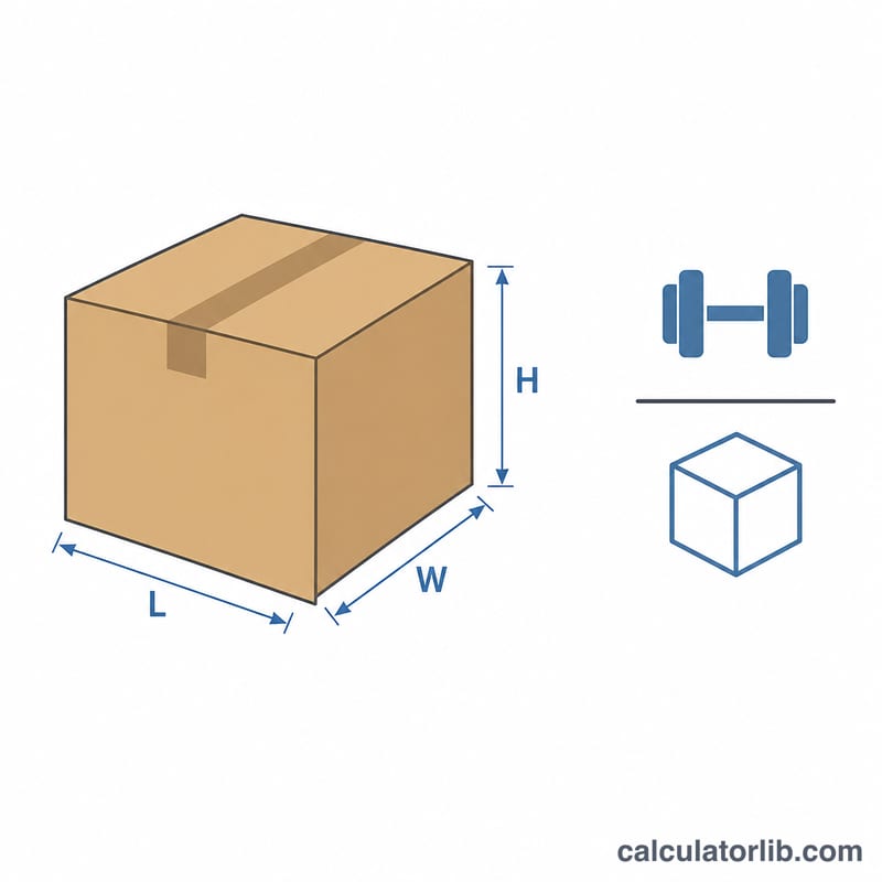Cargo box with labeled length, width and height dimensions next to a density formula diagram