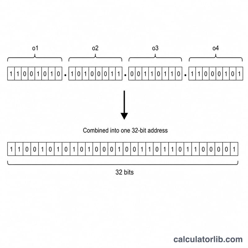 IPv4 address split into four 8-bit octets forming a 32-bit binary value
