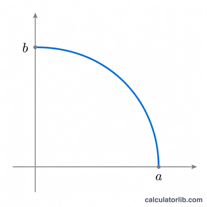 Quarter ellipse with semi-axes a and b, arc length highlighted