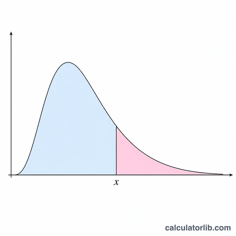 Lognormal PDF curve with shaded lower and upper cumulative areas split at point x