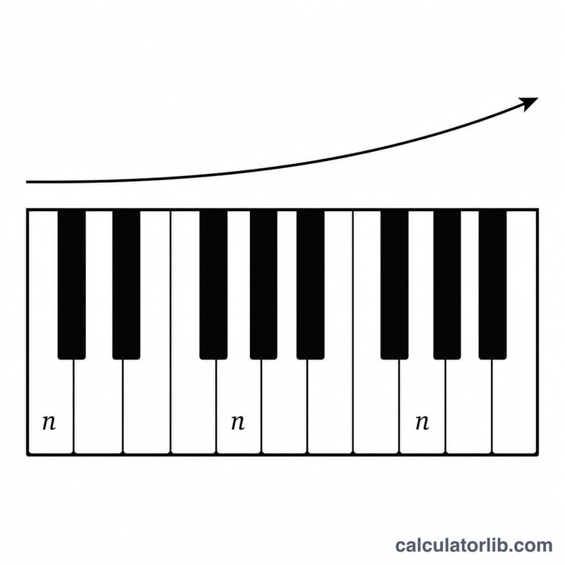 Piano keyboard with key numbers and frequency increasing left to right