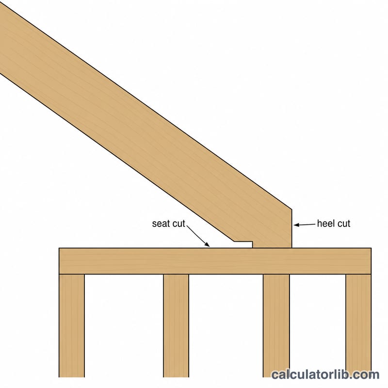 Rafter resting on a wall top plate showing the birdsmouth notch with its seat cut and heel cut