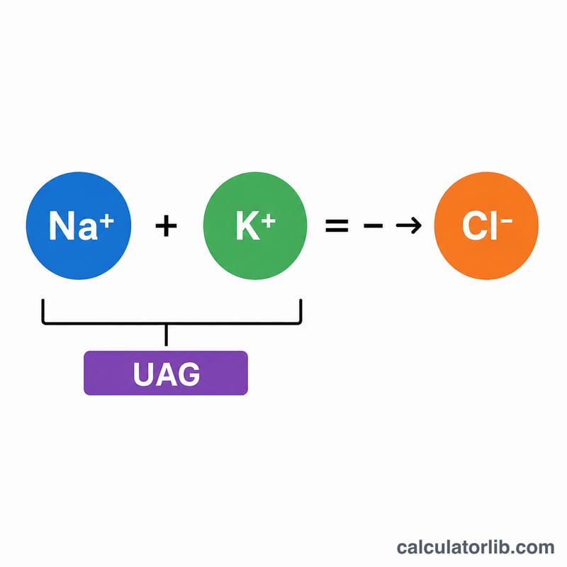Diagram showing urine sodium and potassium ions versus chloride ions on a balance, with the gap between them