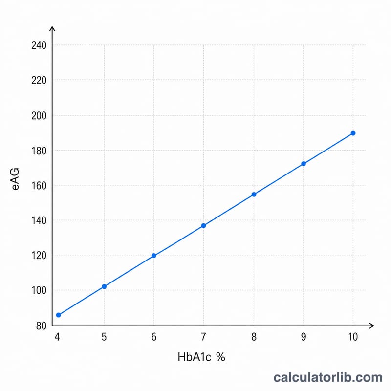 Line graph showing linear relationship between HbA1c percentage on horizontal axis and estimated average glucose on vertical axis