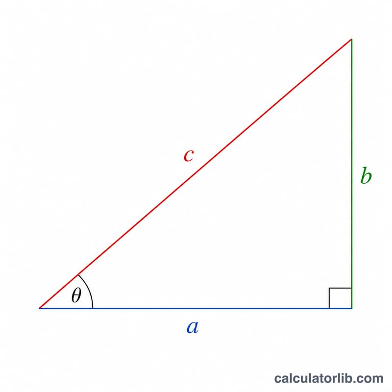 Right triangle showing hypotenuse c, angle theta, base a, and height b