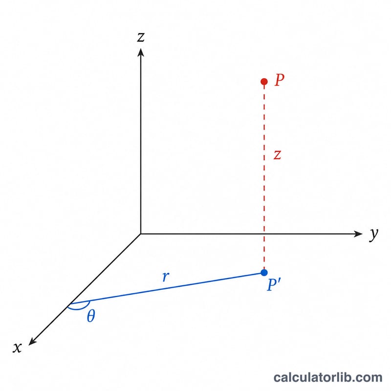 3D diagram showing a point defined by radius r, angle theta, and height z in cylindrical coordinates