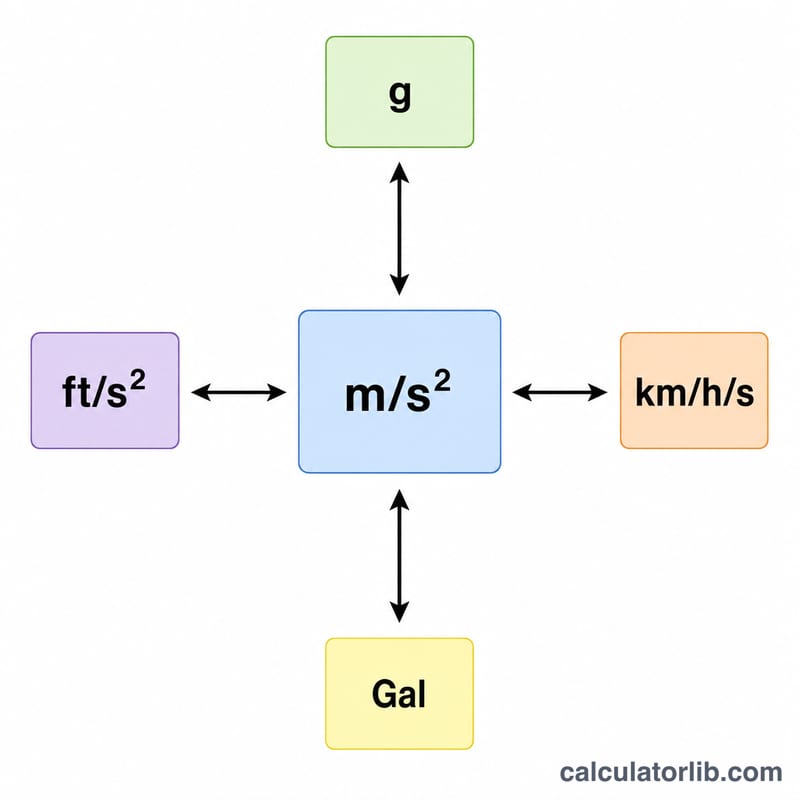 Hub-and-spoke diagram converting acceleration units through a common base unit