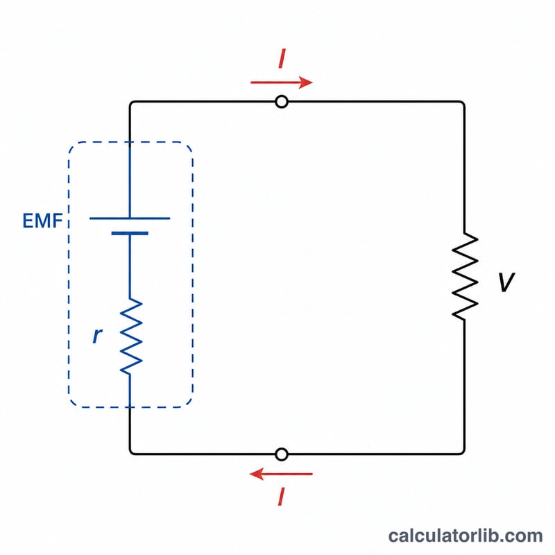 Circuit diagram of a real battery shown as an EMF source in series with a small internal resistance, connected to an external load resistor