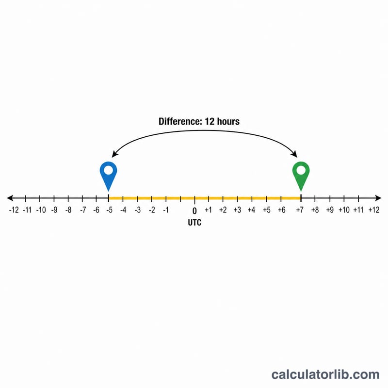 Number line of UTC offsets with two marked time zones and the gap between them