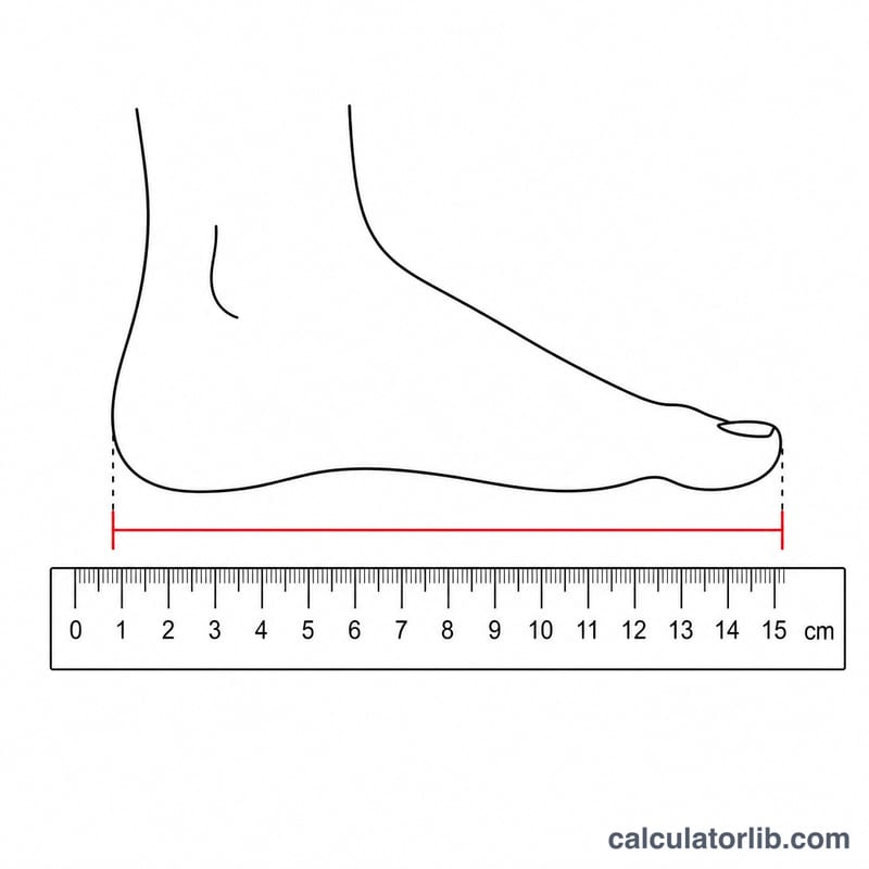 Foot measured from heel to longest toe along a ruler in centimeters