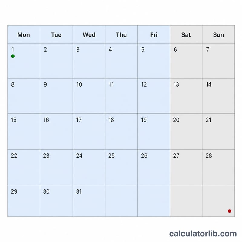 Calendar month grid with weekdays in blue and weekend columns shaded gray, start and end days marked
