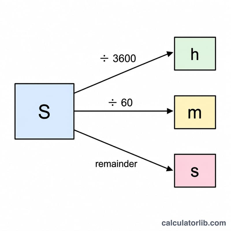 Diagram showing a block of total seconds splitting into hours, minutes, and seconds with division factors
