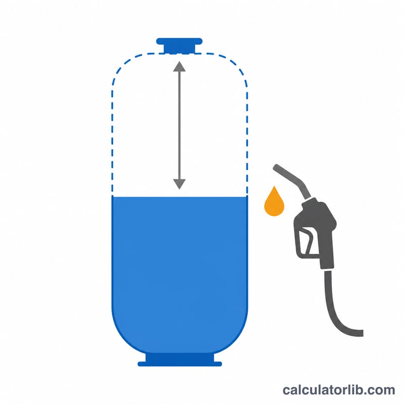 Diagram of a fuel tank partially filled, showing gallons needed to reach full