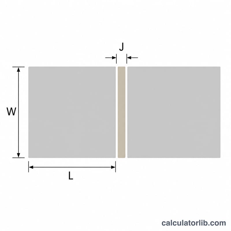 Cross-section diagram of two tiles separated by a grout joint, showing joint width and thickness