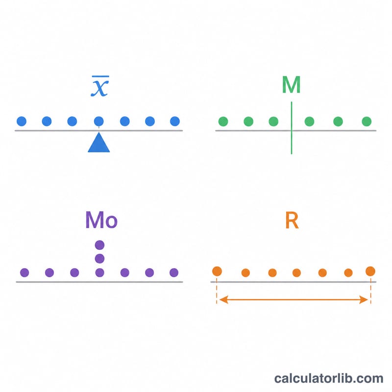 Diagram comparing mean, median, mode and range on a number line of data points